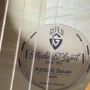 Detail štítku uvnitř akustické kytary. Na štítku je logo GUILD s písmenem G v trojúhelníku a nápisy Made To Be Played, SINCE 1953, F-250 CE Deluxe, M…