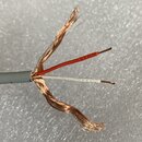 Fotografie detailu konce elektrického kabelu s šedým vnějším pláštěm. Zvnitř jsou vidět dva izolované vodiče, jeden v oranžové a druhý v bílé barvě,…