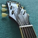 Fotografie zachycuje hlavu elektrické kytary v tmavě hnědé barvě s bílou maticí. Na horní hraně je viditelné zelené logo Epiphone. Ladicí kolíky jsou…