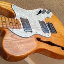 Detail elektrické kytary s přírodním dřevěným povrchem a vyřezaným f-otvorem. Nástroj má bílý perleťový pickguard a dva snímače, z nichž na tom levém…