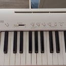 Bílé digitální piano s nápisem DIGITAL PIANO ES110. Na ovládacím panelu jsou posuvník MASTER VOLUME s označením MIN a MAX, tlačítka FUNCTION, PLAY /…