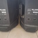 Zadní strana dvou černých reproduktorů. Na obou je bílý štítek s nápisy DEXON, BC 1000, 2 Way Full Range Speaker Built-in Crossover a sériovými čísly…