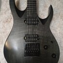 Černá elektrická kytara s tmavým dřevěným povrchem a dvěma humbuckery. Na spodním snímači je viditelný nápis EVERTUNE. Nástroj má jeden ovládací knof…