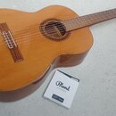 Kytara s přírodním dřevěným povrchem a hnědým hmatníkem. Vedle nástroje leží krabička s nápisy Blond STRINGS, classical guitar Medium a nečitelný tex…