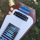 Elektrická steel guitar s dřevěným korpusem a bílým krycí deskou. Nástroj má dva ovládací knofíky s nápisy TONE a VOLUME, černý snímač a modrý kovový…
