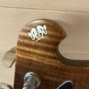 Detail hlavy kytary z hnědého dřeva s viditnou masivní strukturou. Na špičce hlavy je bílé logo znázornující stylizované písmena. Jsou vidět kovové l…