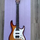 Elektrická kytara s tělem v barvě sunburst a bílým pickguardem. Na hlavě hředu je nápis Carl Martin. Kytara má tři humbuckery, z nichž každý nese náp…