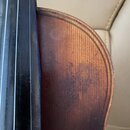 Detailní pohled na pravou horní část těla smyčcového nástroje z hnědého dřeva. Je vidět černý hmatník se strunami a okraj desky s dekorativním lemová…