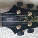 Černá hlava elektrické kytary s šesti zlatými ladicími mechanismy a černými knoflíky. Na povrchu je zlatý nápis „Paul Reed Smith®“ a stříbrný nápis „…