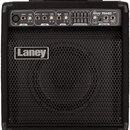 Černý kytarový kombo zesilovač s kovovou mřížkou. Na přední straně je bílo-černé logo Laney a v horní části nápis AUDIOHUB AH40. Ovládací panel obsah…