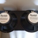 Fotografie zachycuje dva černé reproduktory s bílými středovými štítky. Na obou štítcích je identický nápis: „Randall AMPLIFIER PERFORMANCE LOUDSPEAK…