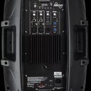 Zadní strana černého plastového aktivního reproduktoru značky Laney. Horní panel obsahuje ovládací prvky s nápisy MEDIA PLAYER, AUDIOHUB, CH 1, CH 2,…