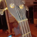 Detail hlavy basové kytary s černým povrchem a zlatými prvky. Na hlavě je viditelný nápis "Warwick" a pod ním modelové označení "Streamer Bass". Jsou…