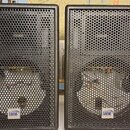 Dva černé reproduktory v bednách s kovovými mřížkami. Na spodní části každého reproduktoru je bílo-modrý štítek s nápisem POWER DANE. Povrch mřížek v…