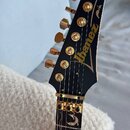 Černá hlava elektrické kytary se zlatými ladicími kolíky a zlatým logem Ibanez. Na hmatníku jsou vidět ozdobné vkládky ve tvaru květin a listů. Povrc…
