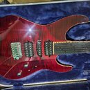 Elektrická kytara s červeným plamenovitým povrchem těla, umístěná v modrém polstrování pouzdra. Nástroj má tři černé humbuckery, chromovaný most a dv…