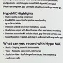 Fotografie textového dokumentu s popisem produktu HypeMiC. Text je rozdělen do tří sekcí: „One Mic to Rule Them All“, „HypeMiC Highlights“ a „What ca…