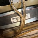Detail reproduktoru s viditelnou bílou nálepkou, na které je nápis CELESTION T3903A VINTAGE 30 8Ohm. Vedle ní je druhá nálepka s číslem 304840X25 a n…