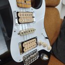 Černá elektrická kytara s bílým pickguardem a hnědým hmatníkem. Nástroj je vybaven třemi humbuckery v krémové barvě a třemi ovládacími knoflíky, z ni…