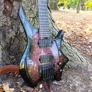 Elektrická kytara s tmavým, průsvitným lakem a viditnou strukturou dřeva. Nástroj má dva humbuckery, jeden ovládací knoflík a přepínač. Na spodním sn…