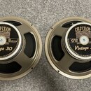Dvě identické reproduktory s kovovým rámem v béžovém odstínu. Na středovém krytu je černý štít s nápisy CELESTION LOUDSPEAKERS, G12, 8ohms a Vintage…