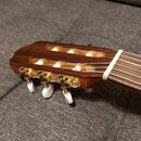 Detail hlavy akustické kytary z tmavého dřeva s bílou maticí. Nástroj má zlaté ladičky s bílými plastovými knoflíky. Na viditelné části hlavy nejsou…