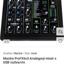 Černý analogový mixér s nápisem ProFX6v3 a přívstuckem EFFECTS MIXER WITH USB. Zařízení obsahuje několik vstupních kanálů s modrými knoflíky, sekci G…