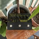 Černý kytarový pedál s nápisem TECH 21 NYC a SansAmp PROGRAMMABLE BASS DRIVER DI. Horní panel obsahuje šest otočných potenciometrů s popisky DRIVE, B…