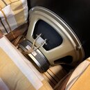 Fotografie zachycuje zadní stranu reproduktoru s kovovým rámem v béžové barvě. Na magnetu je viditelná bílá nálepka s nápisem CELESTE a menším textem…