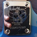 Detail chromovaného krycího plechu na zadní straně modrého nástroje. Na plechu je vyryto logo Washburn®, nápis PRO, grafika orla a text HAND CRAFTED…