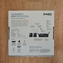 Fotografie zachycuje zadní stranu kartonového obalu od bezdrátového systému s nápisem INSTRUMENT WIRELESS SYSTEM a logem AKG HARMAN. Text uvádí model…