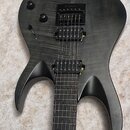 Černá elektrická kytara s tmavým dřevěným povrchem a výraznou sletou. Nástroj má dva humbuckery, jeden ovládací knoflík hlasitosti a jeden přepínač.…