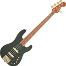 Tmavě zelená elektrická basová kytara se čtyřmi strunami a hnedým hmatníkem. Na hlavě je viditelné logo "Squier". Nástroj má zlatý hardware, včetně l…