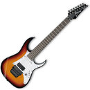 Elektrická kytara s prohnutým korpusem v barevně sunburst a bílým pickguardem. Na hlavě hmatníku je bílý nápis "Ibanez" a menší text "RG series". Nás…