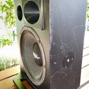 Černý reproduktor v hranaté bedně s výrazným opotřebením povrchu v podobě zahlreichen škrábanců. V horní části je umístěn menší hloubákový reprodukto…