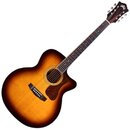 Akustická kytara s vyřezem v těle a povrchovým provedením v barvě sunburst. Na hlavě hředu je bílý nápis GUILD. Kytara má tmavý hmatník a tmavě hnědý…