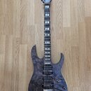 Elektrická kytara s tmavě fialovým průsvitným povrchem s viditnou strukturou dřeva. Na hlavě hmatníku je bílý nápis Ibanez. Nástroj má dva humbuckery…