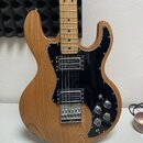 Elektrická kytara s přírodním dřevěným povrchem těla a hmatníkem z jasného dřeva. Má černý pickguard, dva humbuckery a stříbrný kobylník s nápisem "T…