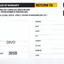 Fotografie zobrazuje papírový záruční list s nápisem CERTIFICATE OF WARRANTY a žlutým polem RETURN TO. V horní části je uvedený text M-LIVE SRL - VIA…
