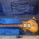 Elektrická kytara s tónem sunburst v modrém tvrdém kufru. Na hlavě je viditelné logo Epiphone, na těle jsou dva humbuckery a jedna strunový most. Pov…