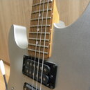 Detail elektrické kytary v stříbrném matném provedení s hnědým hmatníkem. Viditelný je jeden černý humbucker s šesti bílými pólky. Na kytaru je rovně…