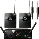 Sada bezdrátového systému značky AKG v černé barvě. Obsahuje dva vysílače s nápisem MINI PRO PT 40 a jeden přijímač s označením SR 40 STATIONARY RECE…