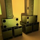 Sada černých reproduktorů skládající se ze dvou vysokých sloupových reproduktorů a pěti basových beden. Na přední straně obou sloupových reproduktorů…
