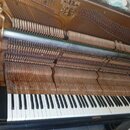 Fotografie zachycuje vnitřek černého pianina s otevřeným horním víkem. Je vidět klaviatura, mechanismus kladivek a kovové struny s nápisem RPET PRAHA…