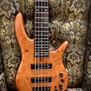 Kytara typu basová s přírodním dřevěným povrchem a tmavým hmatníkem. Nástroj má dva černé humbuckery, čtyři ladicí knoflíky a čtyři struny. Na těle n…