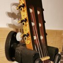 Detail hlavy akustické kytary v dřevěném provedení s zlatými mechaniky a bílými knoflíky. Na horní části hlavy je vyryt symbol lyry. Nástroj je umíst…
