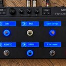 Černý kytarový efektový pedál s nápisem LINE 6 a H X EFFECTS. Zařízení má dvě řady tlačítek s modře podsvícenými nápisy: Solo, BASS, Synth Strings, A…