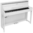 Bílé digitální piano s přívodním stojanem a třemi pedály. Na horní části krytu je umístěn nápis "CAYTON-CROME". Nástroj vykazuje čistý, hladký povrch…