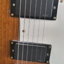 Detail elektrické kytary s dřevěným povrchem a bílým pickguardem. Na fotce jsou dva černý humbuckery, z nichž oba mají v pravém dolním rohu nápis EMG…