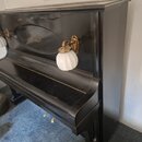 Černý pianino s vysokým leskem a dvěma připevněnými bílými lampami s kulatými stínidly. Na horní části korpusu je oválný ornament, uvnitř kterého je…